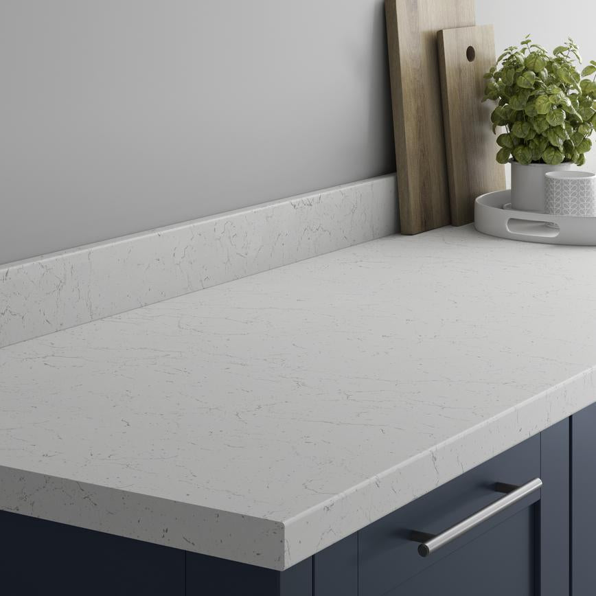 3m x 38mm Bullnose White and Grey Marble Effect Laminate Worktop